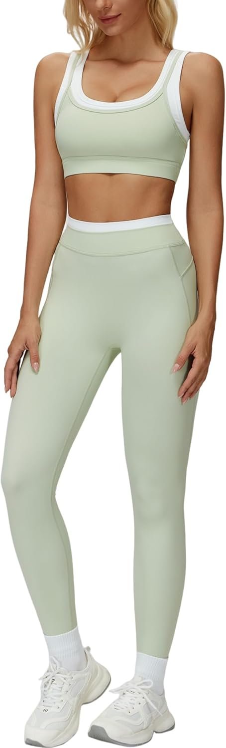 Women 2 Piece Workout U Back Color Block Sports Bra High Waist Active Leggings Yoga Pilates Outfits