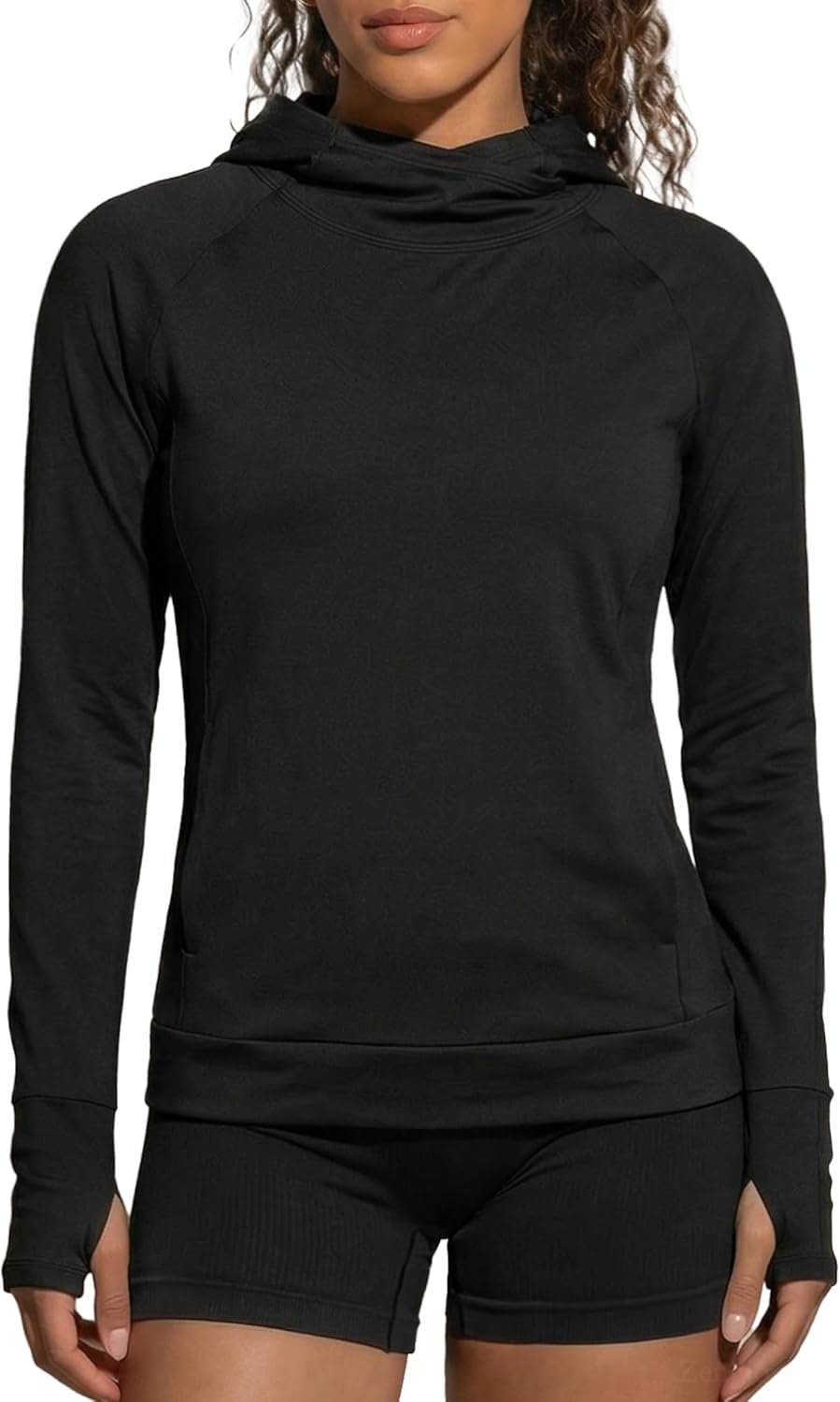 Zengjo Women’s Lightweight Workout Pullover Hoodie, Long Sleeve Hooded Shirt with Pockets, Cowl Neck and Thumb Holes