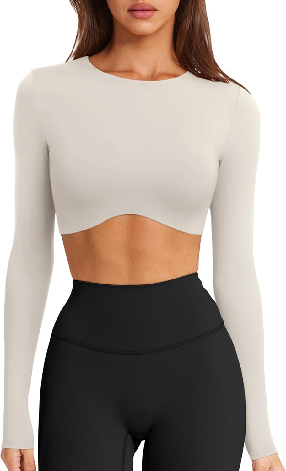 LASLULU Womens Sexy Double Lined Long Sleeve Shirts Crewneck Workout Tops Athletic Yoga Shirts Going Out Crop Tops