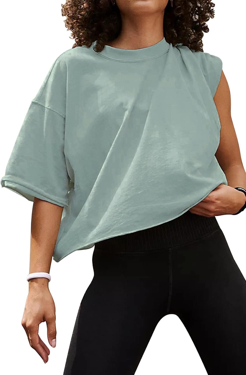 Women’s Oversize Workout Crop Tops Casual Short Sleeve Drop Shoulder Boxy T-Shirts Roll Hem Basic Loose Yoga Running Tees