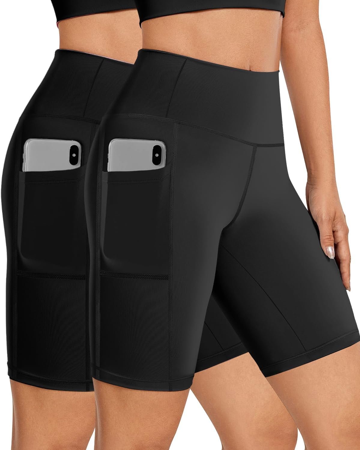 Buauty 2 Pack High Waisted Biker Shorts Women Tummy Control with Pocket 8“ Yoga Running Workout Spandex Compression Shorts