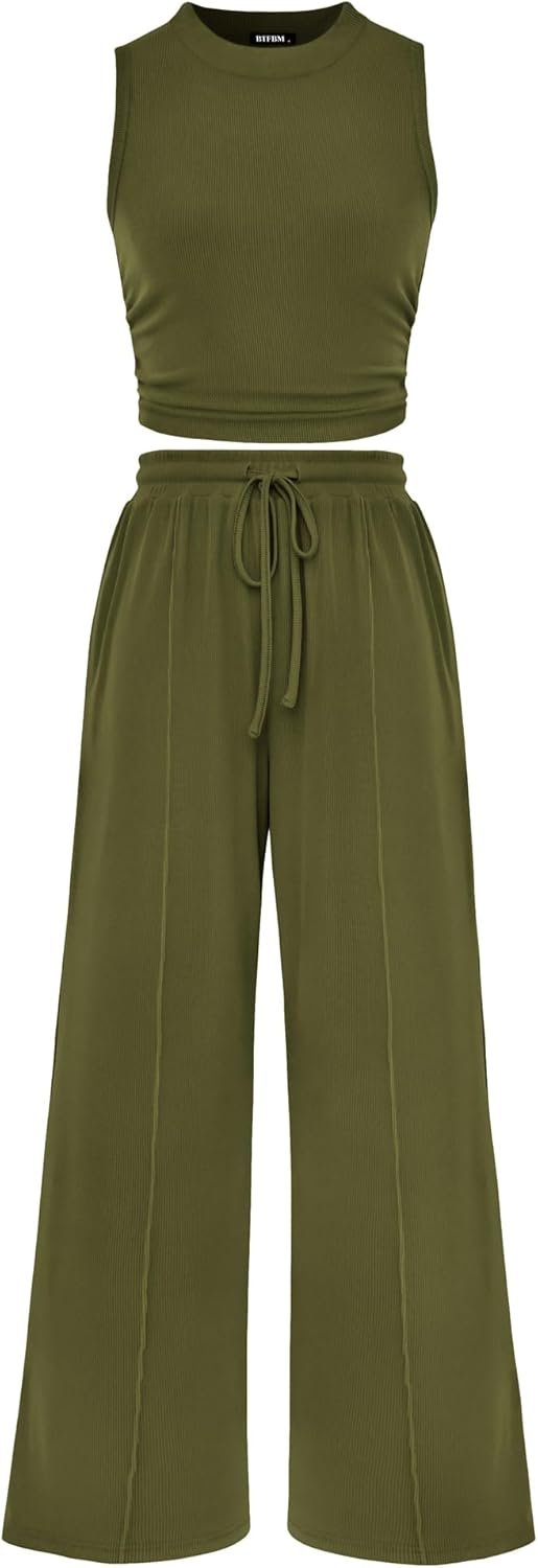 BTFBM Summer Outfits For Women 2026 Ribbed Sleeveless Tank Tops Wide Leg Pants 2 Piece Sets Lounge Set Clothing