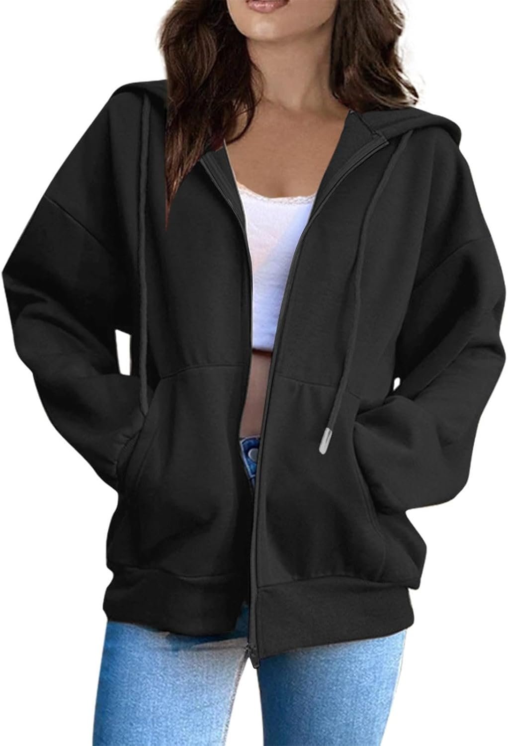 Womens Zip Up Hoodies Oversized Fleece Plain Y2K Hoodie Jackets Athletic Zipper Hooded Sweatshirt with Pockets
