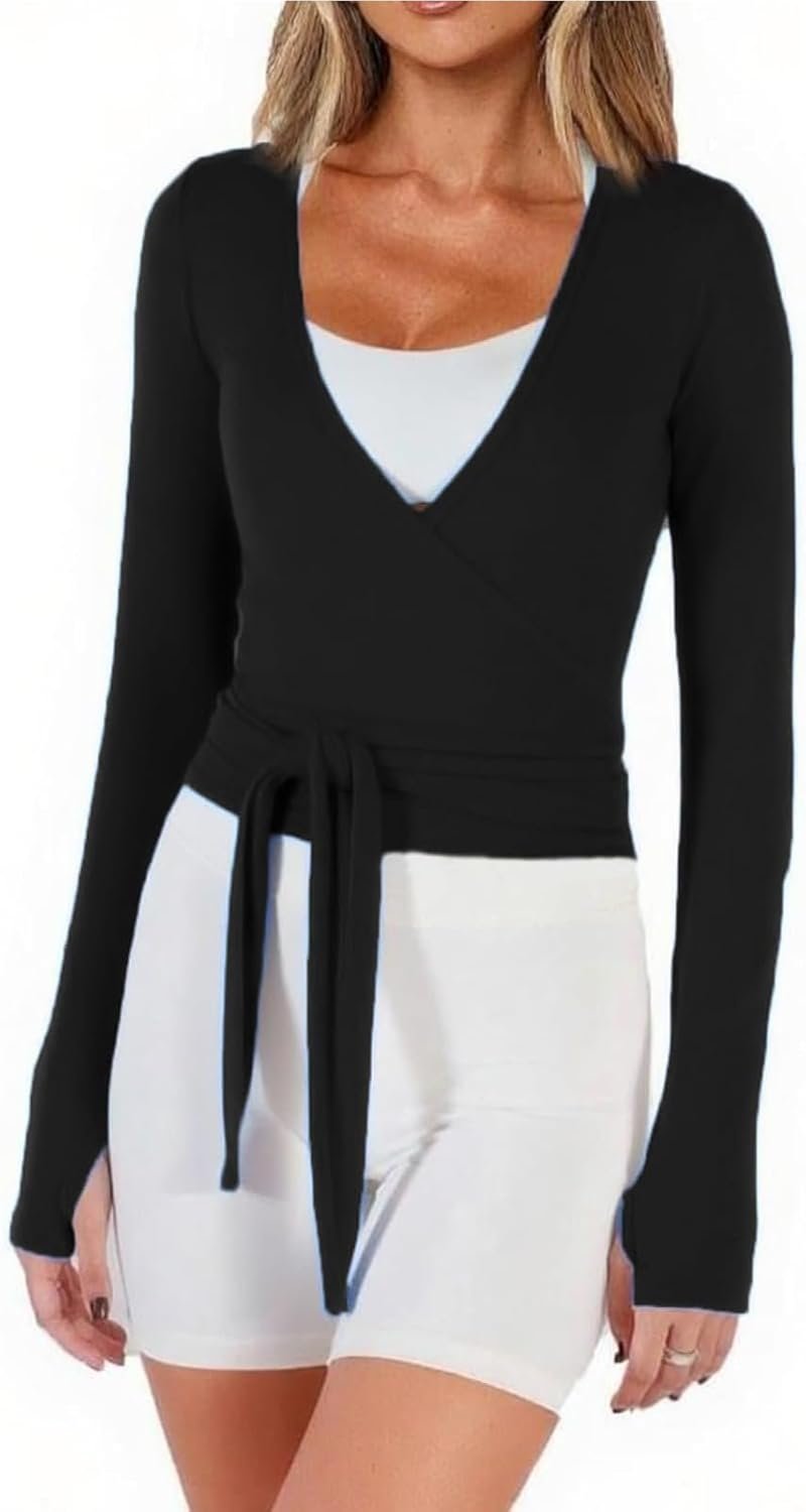 Women Crop Wrap Top Thumb Hole Long Sleeve Active Self Tie Workout Shirt Ballet Pilates Yoga Wrap Tops