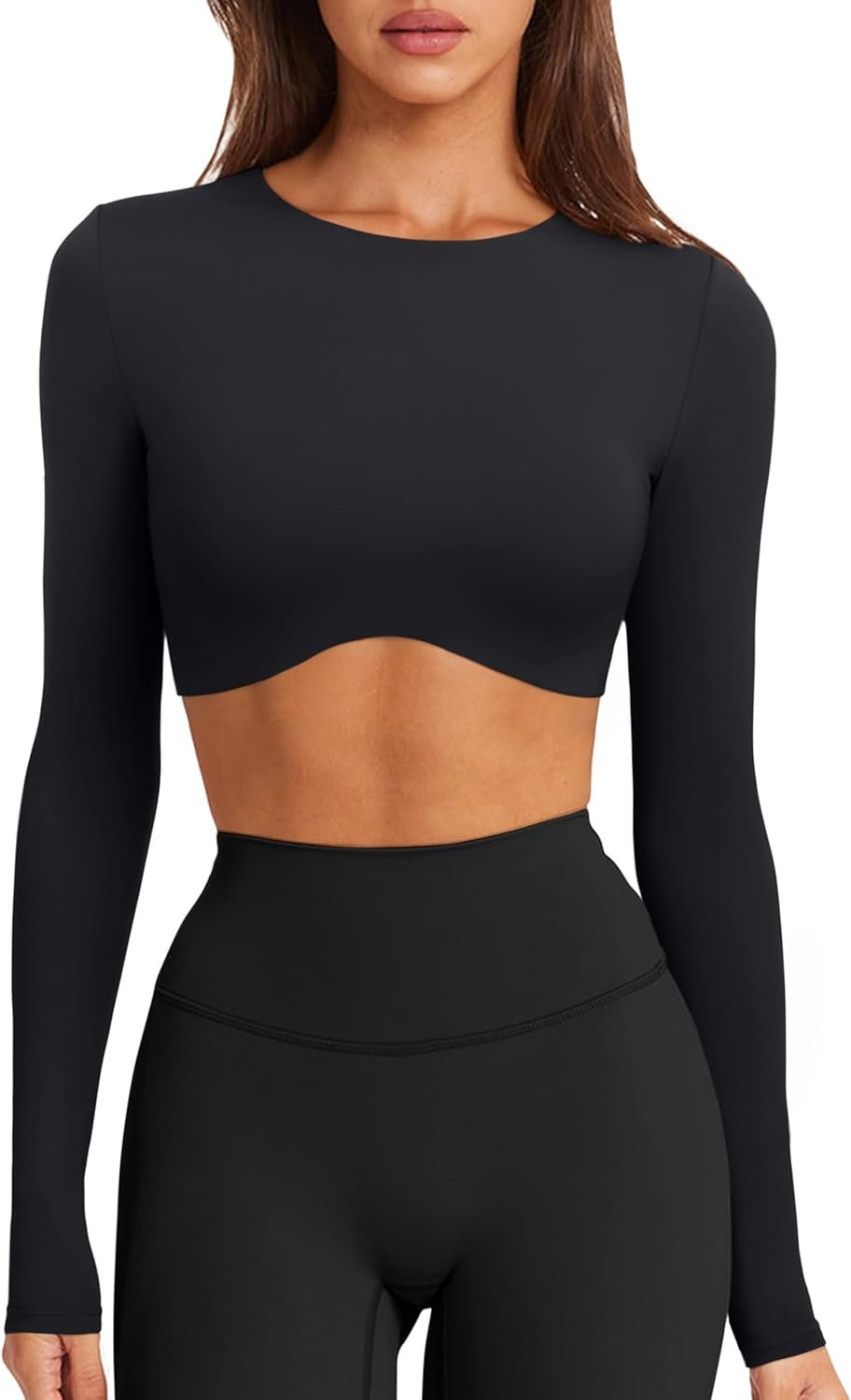 LASLULU Womens Sexy Double Lined Long Sleeve Shirts Crewneck Workout Tops Athletic Yoga Shirts Going Out Crop Tops