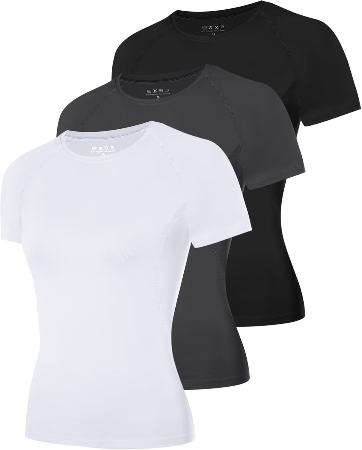 Roadbox Women’s Compression Shirts, 1/3 Pack Short Sleeve Workout Tops Athletic Gym T-Shirt Yoga Running Quick Dry Base Layer