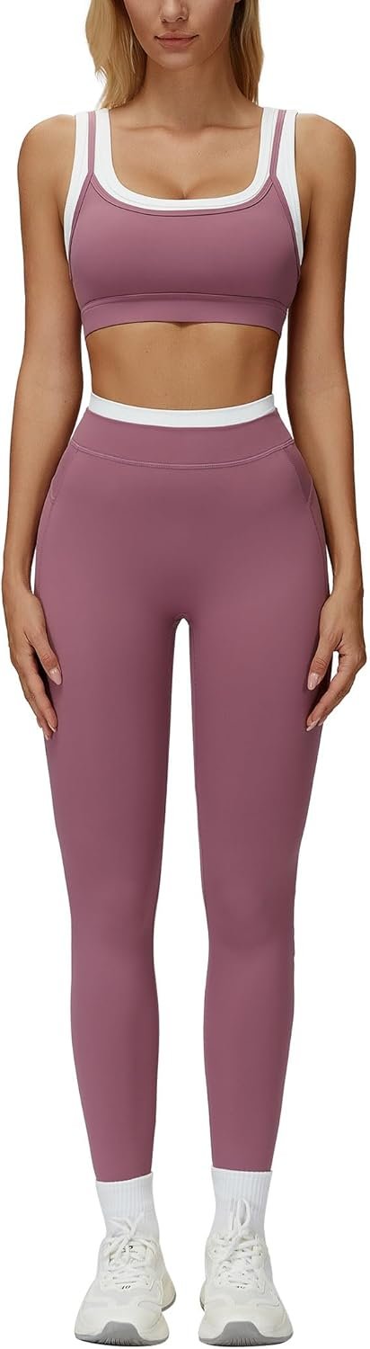 AGYMNX Women’s Yoga Outfits Compression Ribbed Contrast Panel Sports Bra Butt-lifting Leggings 2 Piece Jogger Running Sets