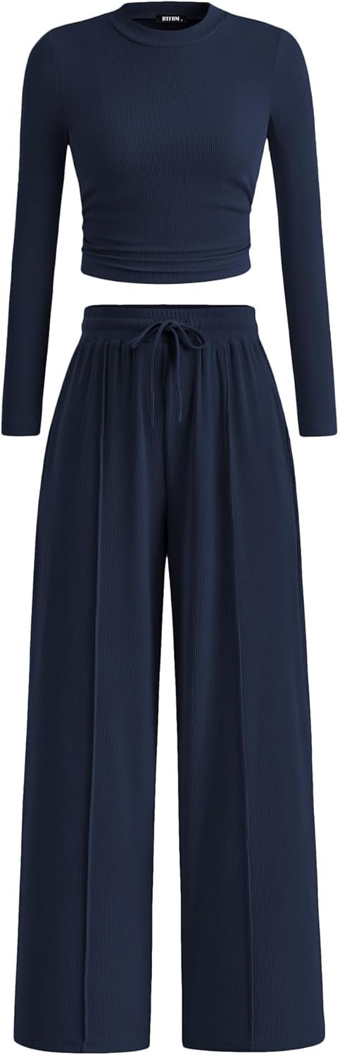 BTFBM Casual 2 Piece Sets For Women Fall Outfits 2026 Ribbed Spring Long Sleeve Crop Top Wide Leg Pants Matching Lounge Set