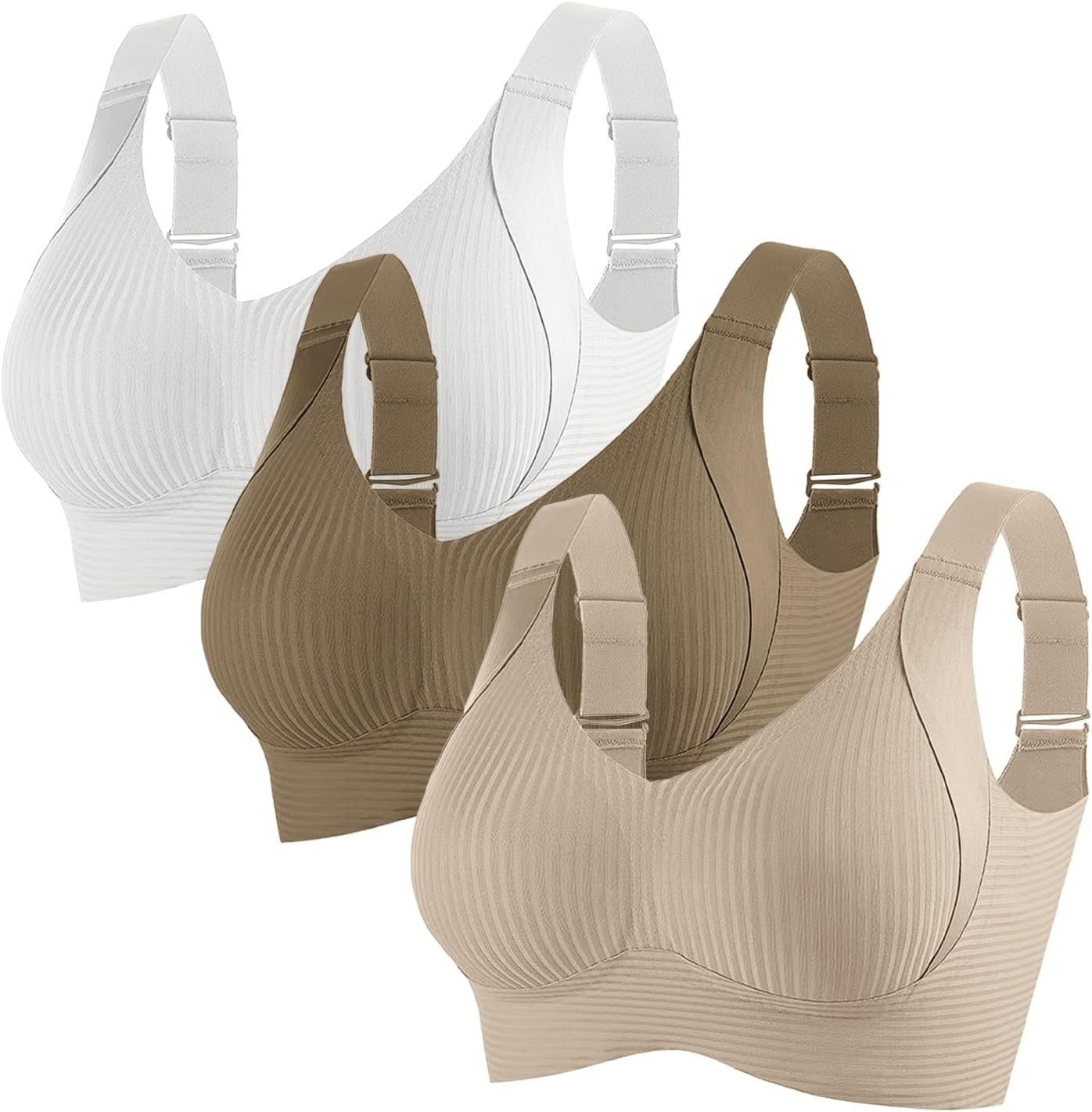 3PC Womens Wireless Bras No Underwire Push Up Bra Seamless Ribbed Cozy Full Coverage Adjustable Straps Everyday 2026