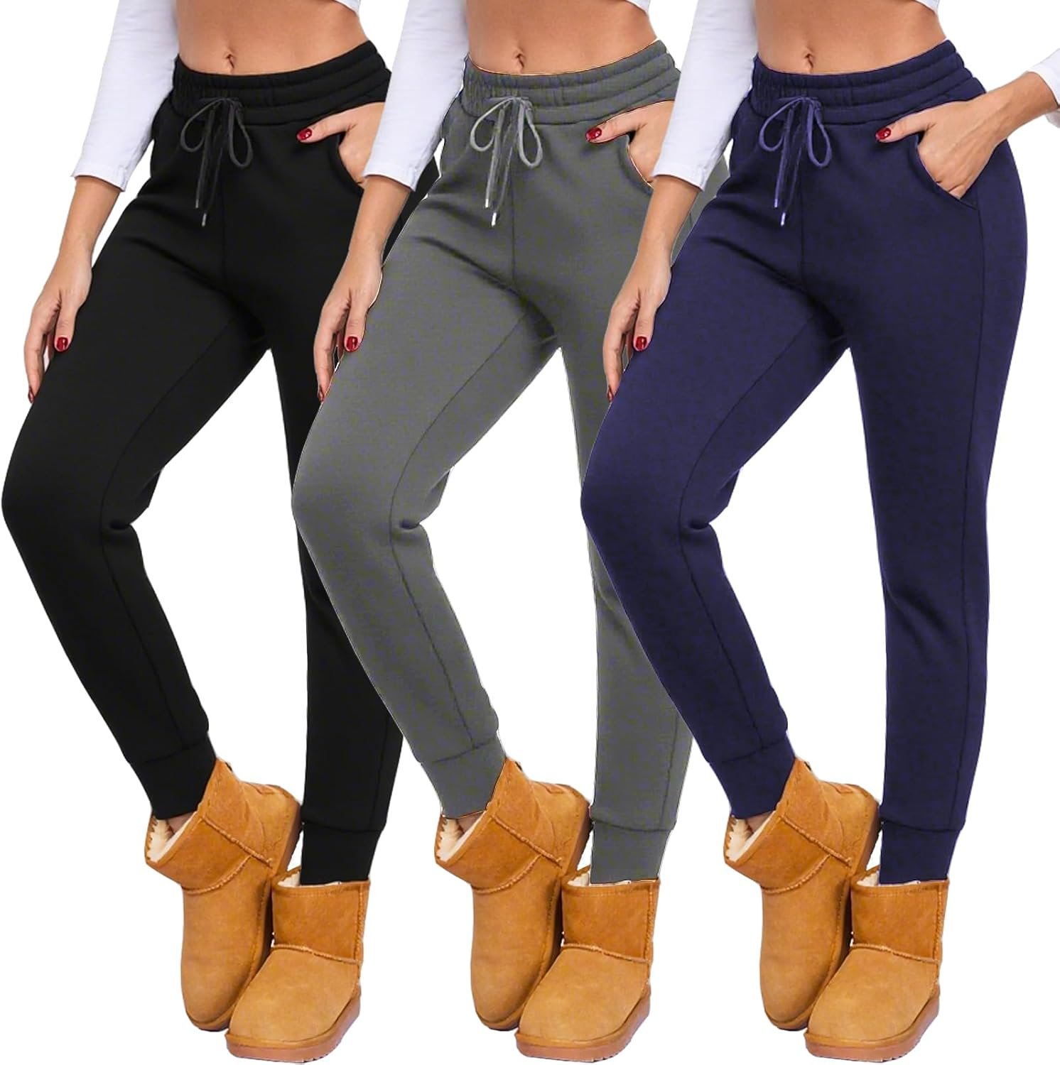 NEW YOUNG 3 Pack Fleece Lined Sweatpants for Women-Womens Joggers Pants with Pockets Workout Yoga Pants