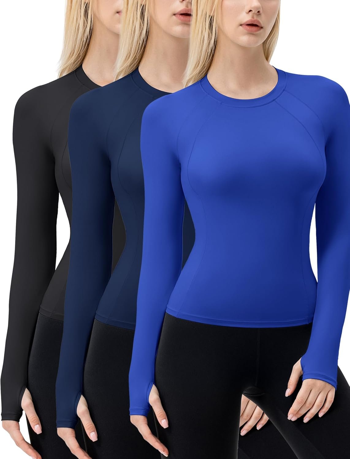 3 Pack Seamless Long Sleeve Shirts for Women with Thumb Hole, Workout Athletic Running Gym Yoga Tops Crewneck Breathable Sun Protection