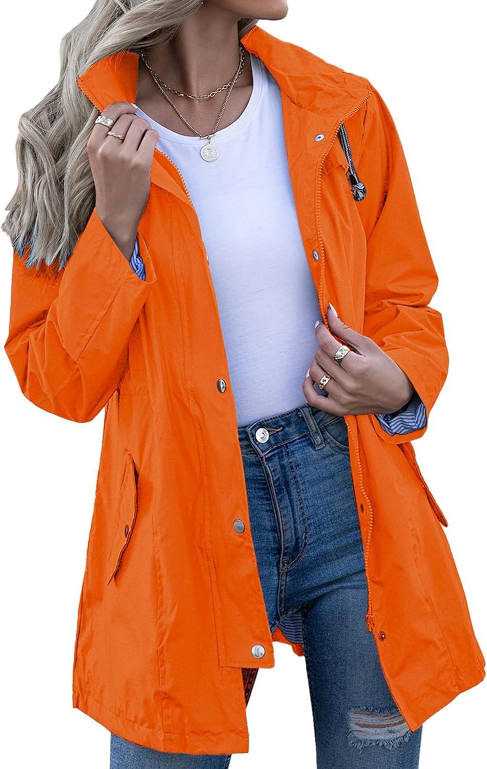 Kikibell Rain Jacket Women Striped Lined Hooded Lightweight Raincoat Outdoor Waterproof Windbreaker