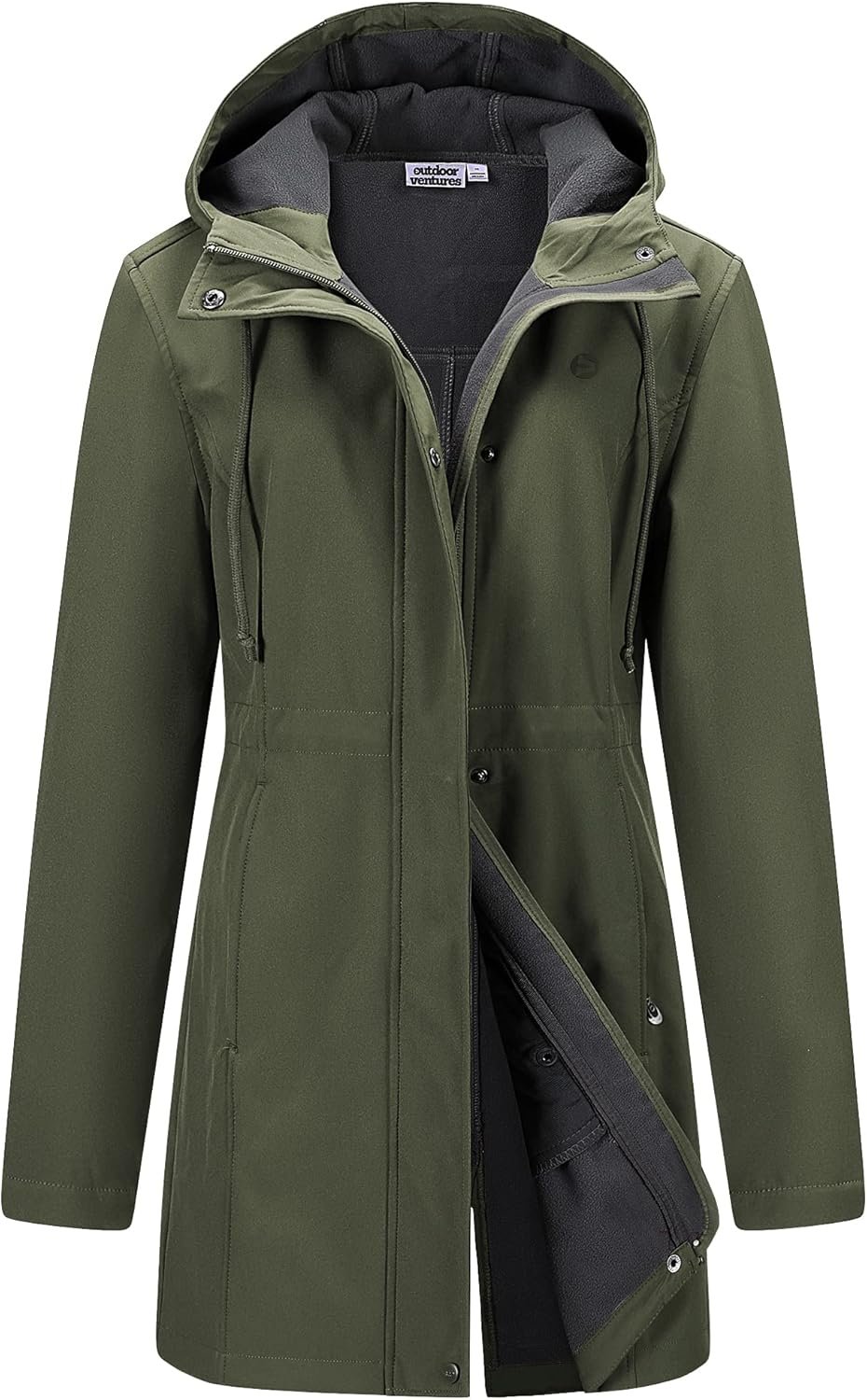 Outdoor Ventures Women’s Lightweight Waterproof Fleece Lined Hooded Softshell Rain Jacket, Warm Windbreaker Long Coat