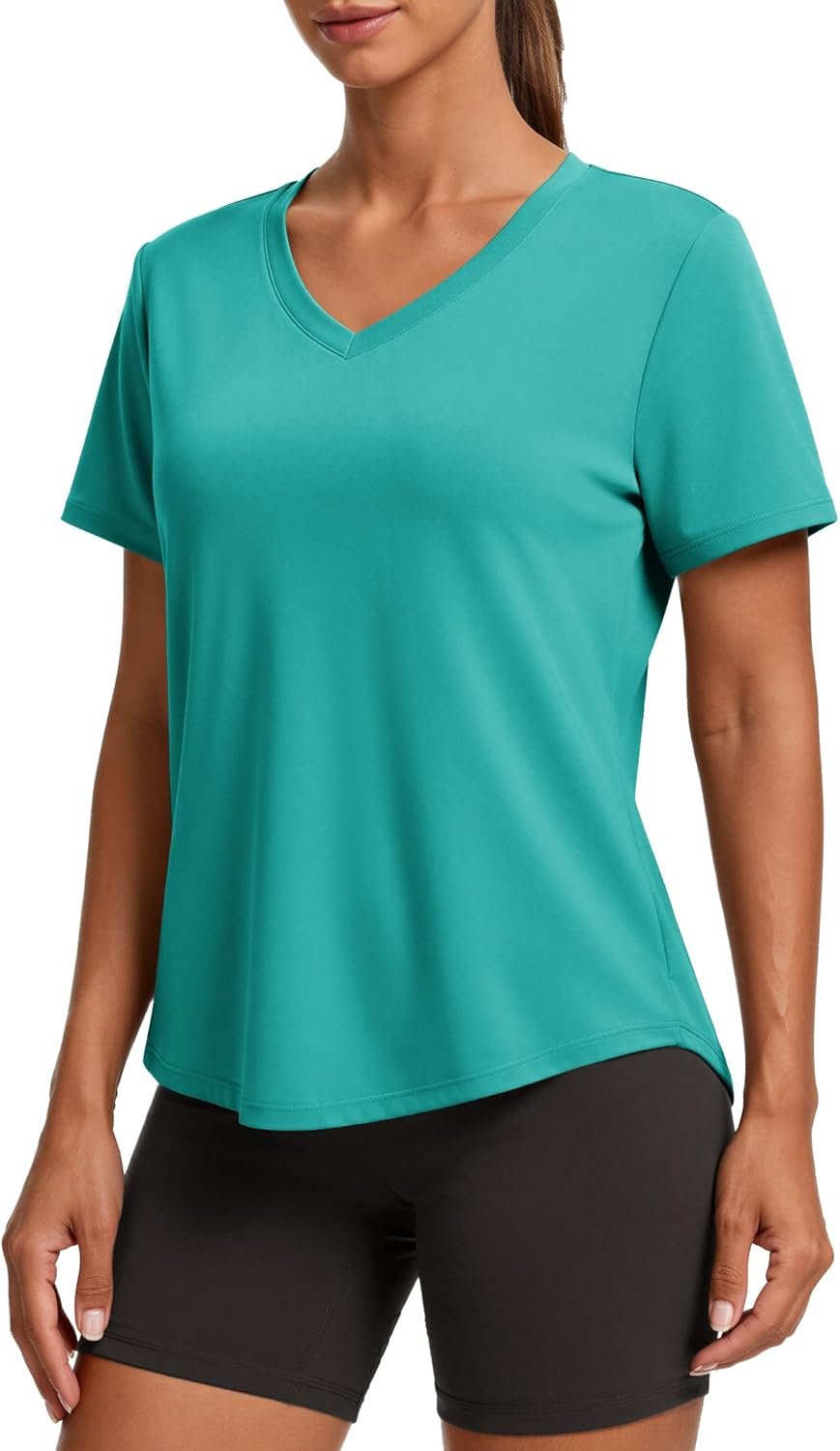 PINSPARK Soft Workout Tops for Women Short Sleeve V Neck Moisture Wicking UPF 50+ Sun Protection Quick Dry Gym Shirts