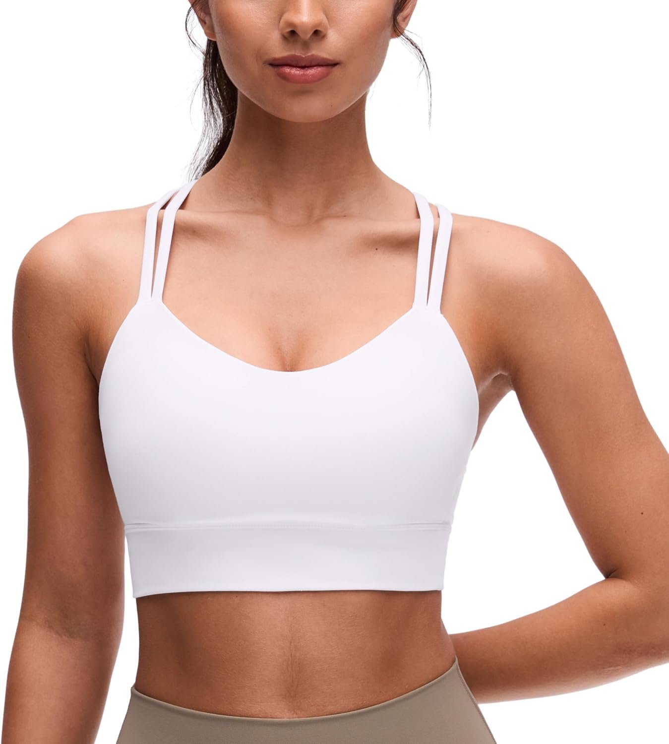 CRZ YOGA Softness Mold Butterluxe Strappy Longline Sports Bras for Women – Double Spaghetti Strap Workout Yoga Crop Top
