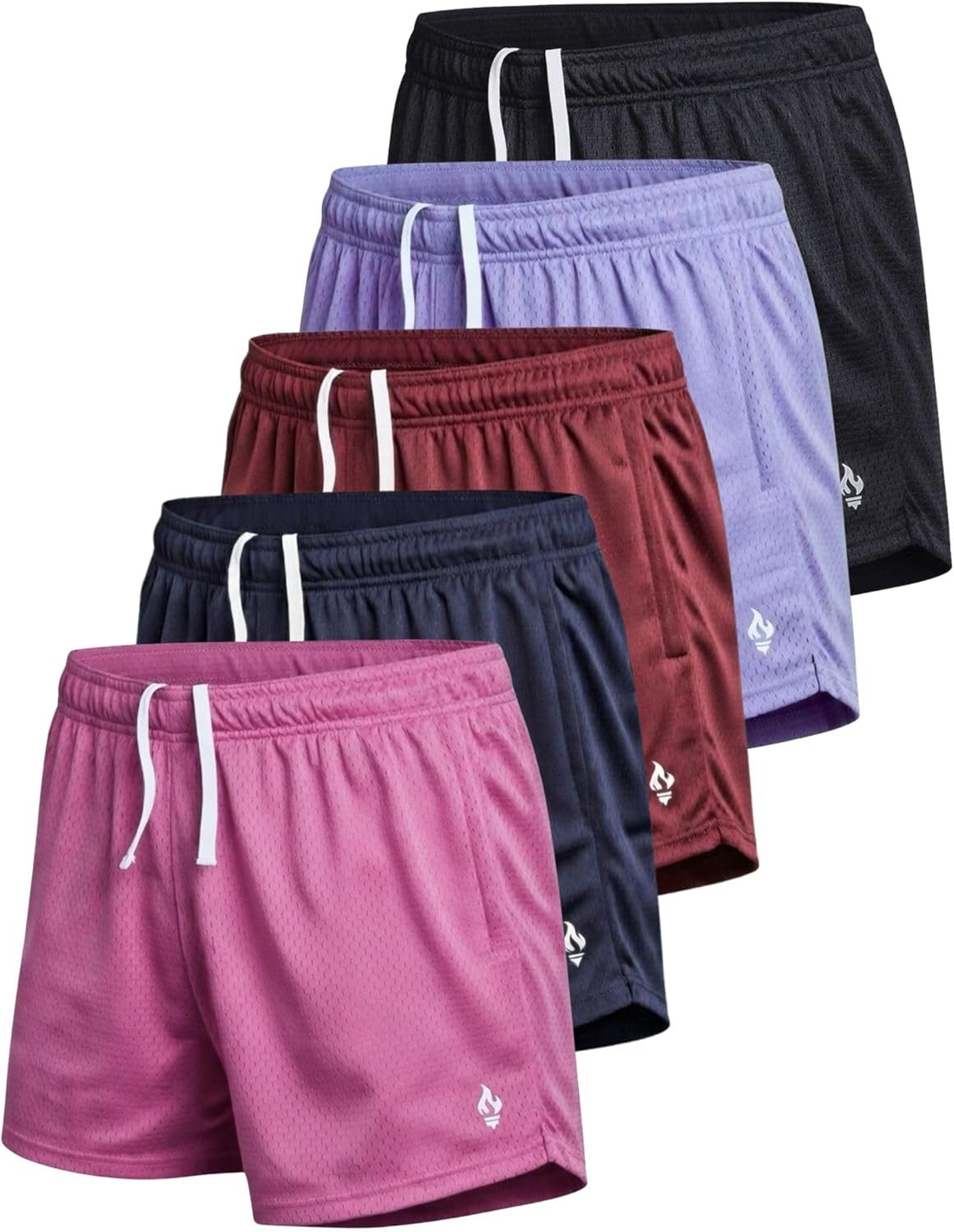 Liberty Imports 5-Pack Women’s Athletic Mesh Shorts 5″ Inseam, Ladies Loose Pull-On Shorts with Zipper Pockets