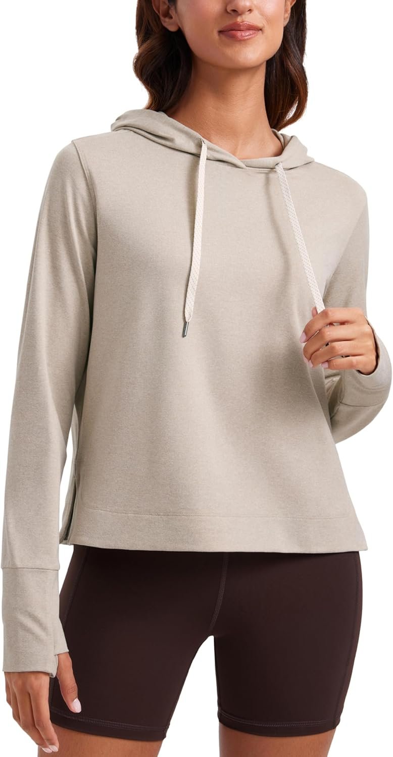 CRZ YOGA Cloud Jersey Pullover Hoodies for Women Long Sleeve Hooded Workout Sweat Shirts Casual Yoga Tops with Thumb Holes