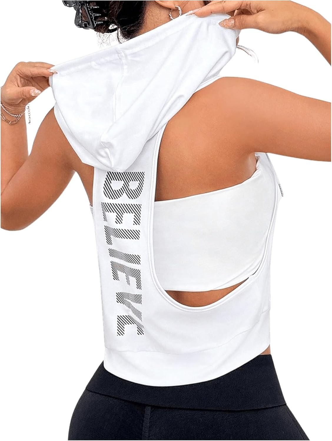 SweatyRocks Women’s Sleeveless Low Cut Racerback Hoodies Workout Tops Cropped Hooded Tanks with Pocket