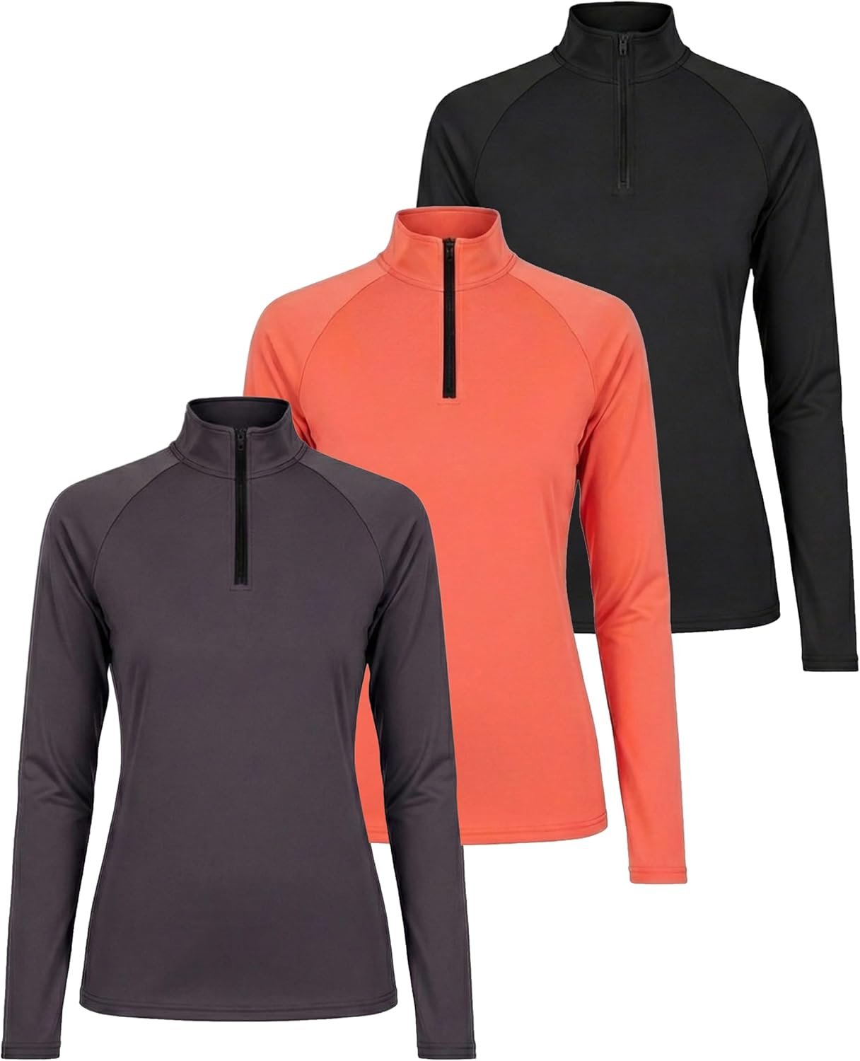 Real Essentials 3 Pack: Womens Dry-Fit Long Sleeve Quarter Zip & Full Zip Up Hoodie Workout Jacket (Available in Plus)