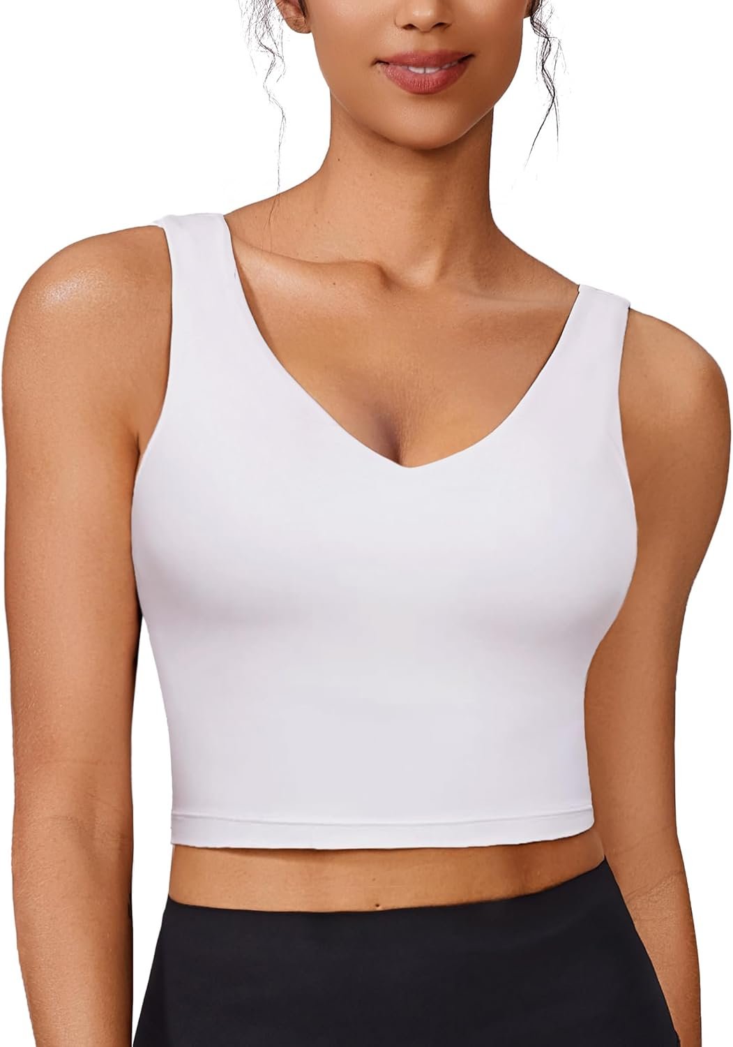 PINSPARK Sports Bras for Women Built in Bras Padded Yoga Bra V Neck Longline Workout Tank Tops with Removable Pads