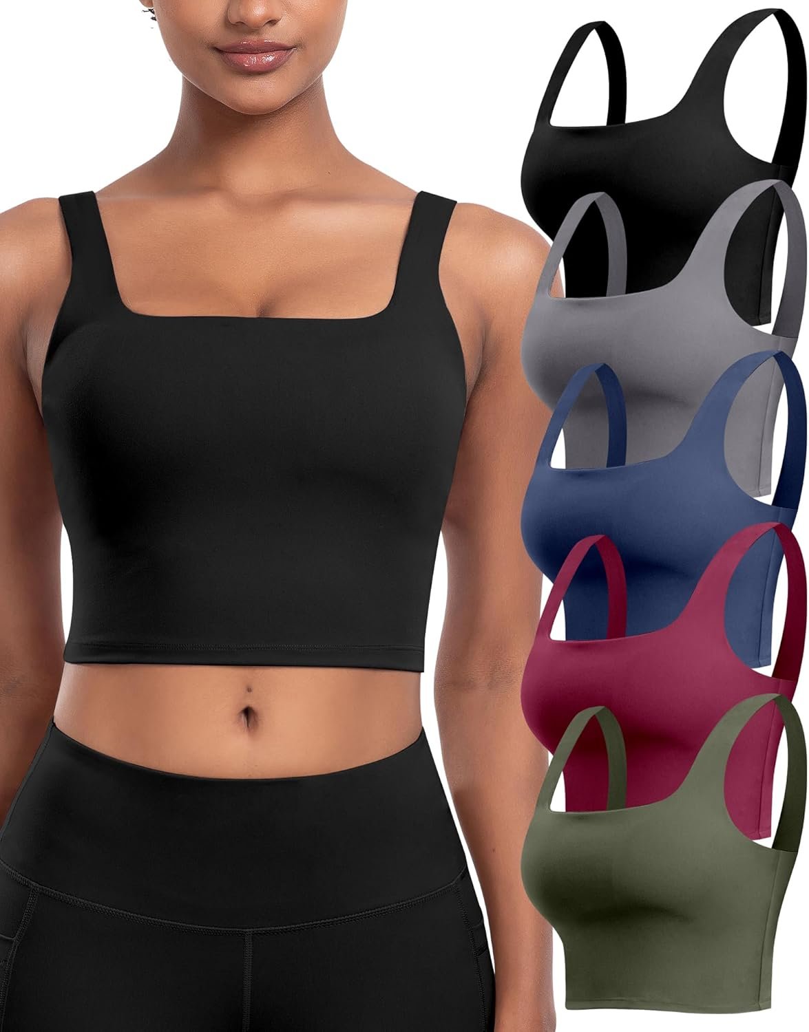 Womens Sports Bras 5 Packs – Square Neck Longline Workout Crop Tank Tops Padded Yoga Camisole with Built in Pads