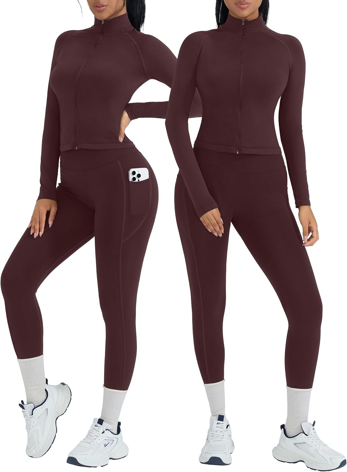 OMKAGI Workout Sets for Women Booty Leggings Matching Zipup Jacket Gym Outfits with Pockets