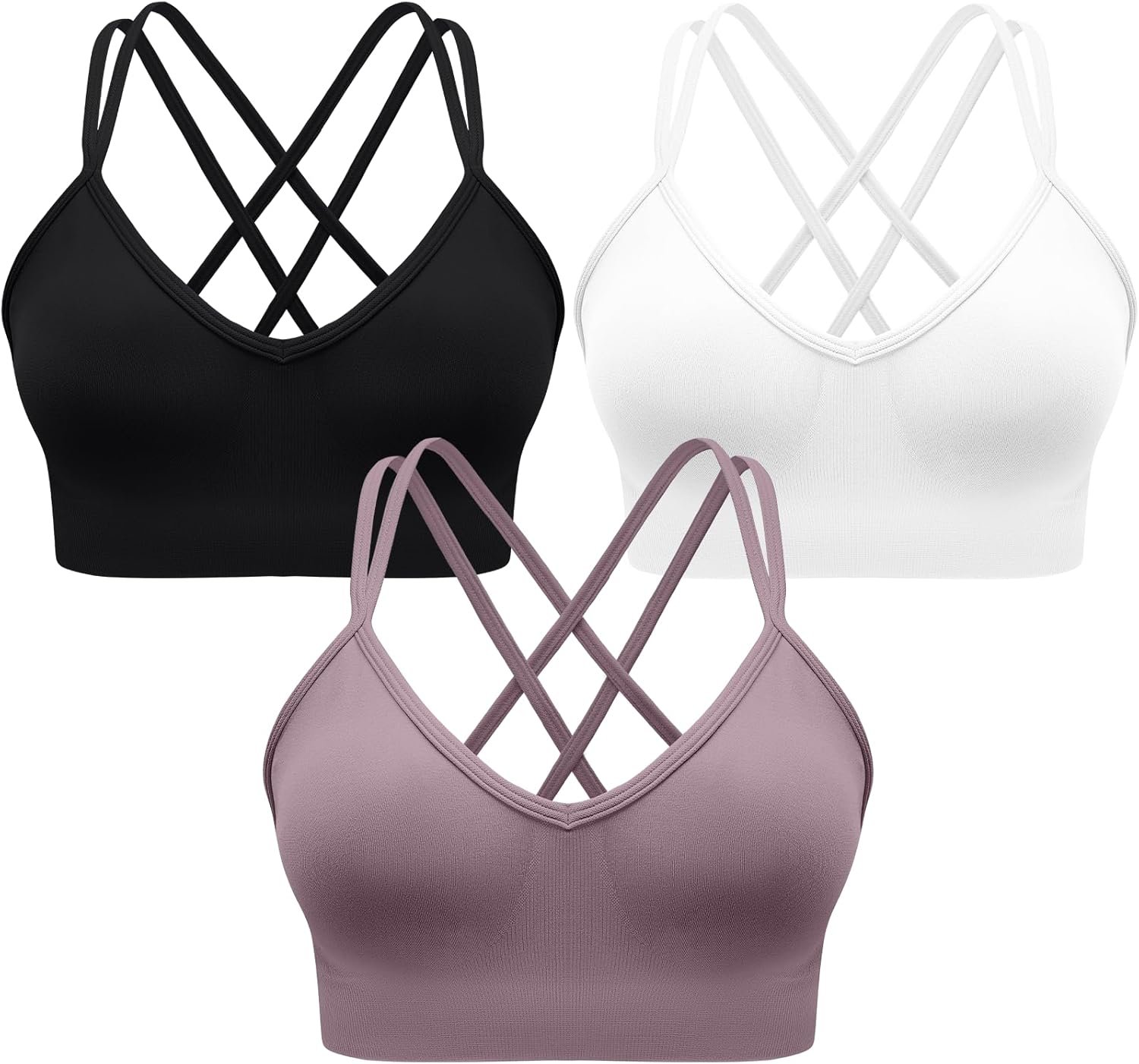 Sports Bras for Women V-Neck Strappy Sports Bra Padded Cross Back Medium Support Workout Yoga Bra 3 Pack