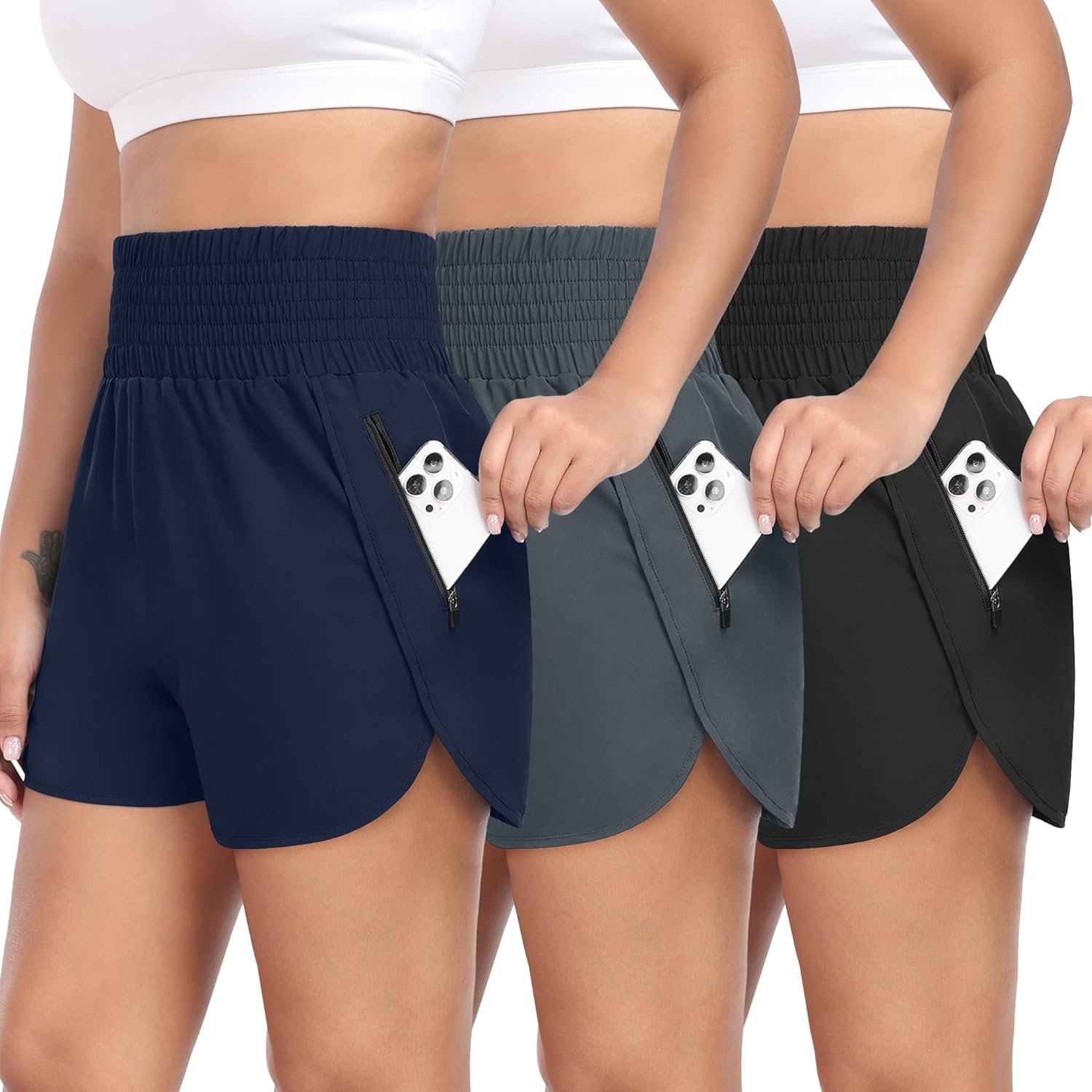 HOPLYNN 3 Pack Womens Athletic Running Shorts High Waisted Elastic Workout Short with Pocket Gym Shorts for Women