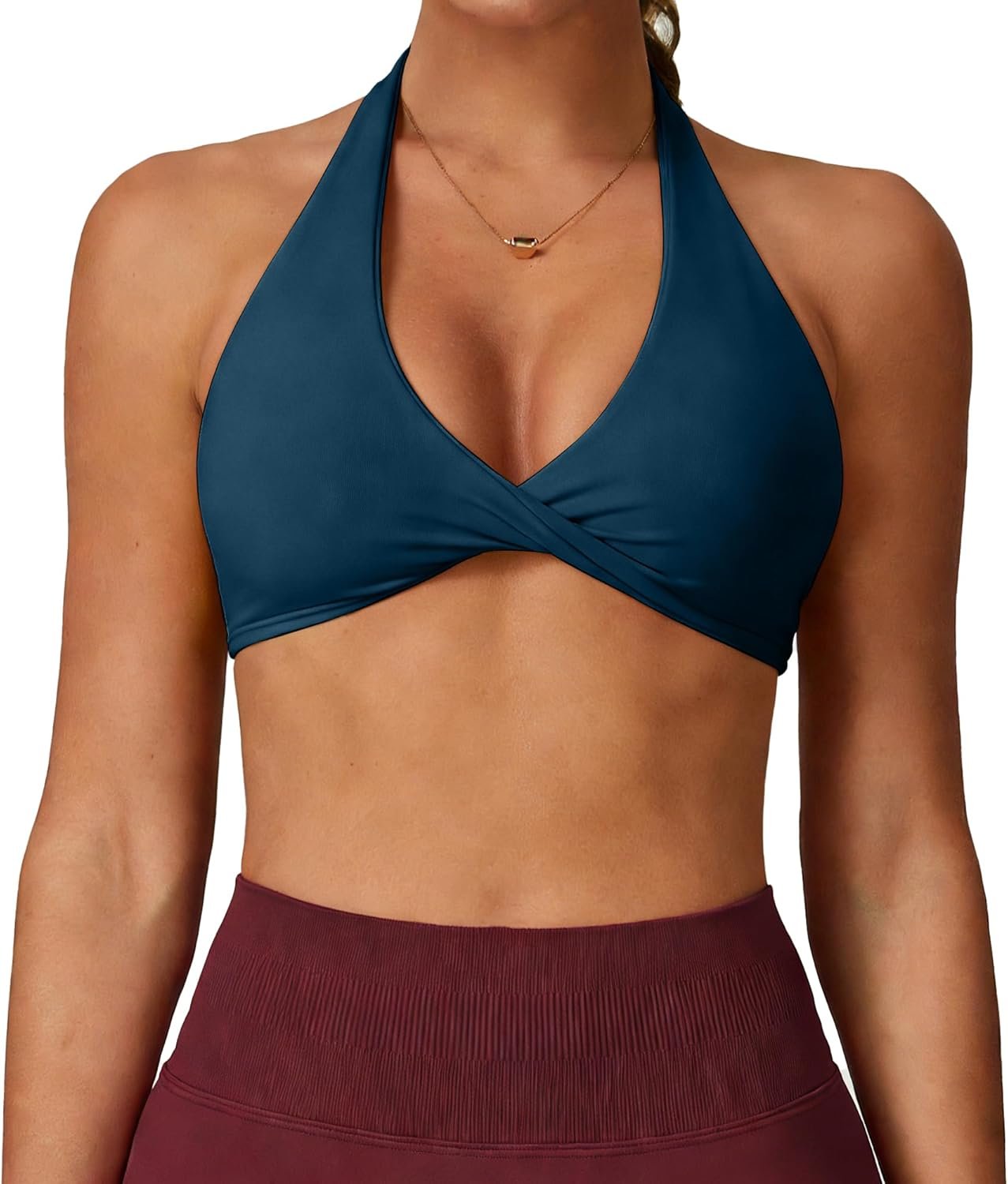 Halter Sports Bras for Women Padded Open Back V Neck Yoga Bra Workout Crop Tank Top Sexy Gym Bra Low Impact