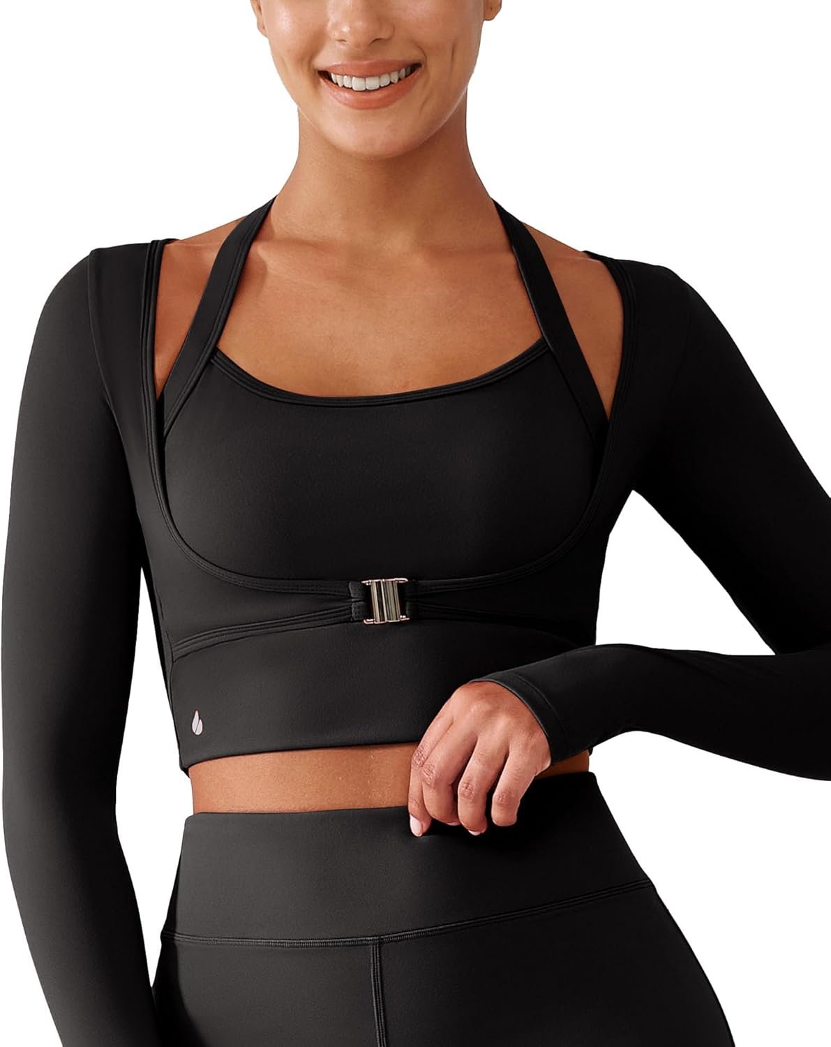 BRXL Long Sleeve Halter Tee for Women with Thumb Hole Cropped Tops Slim Fit Athletic Pilates Workout Gym Shirts