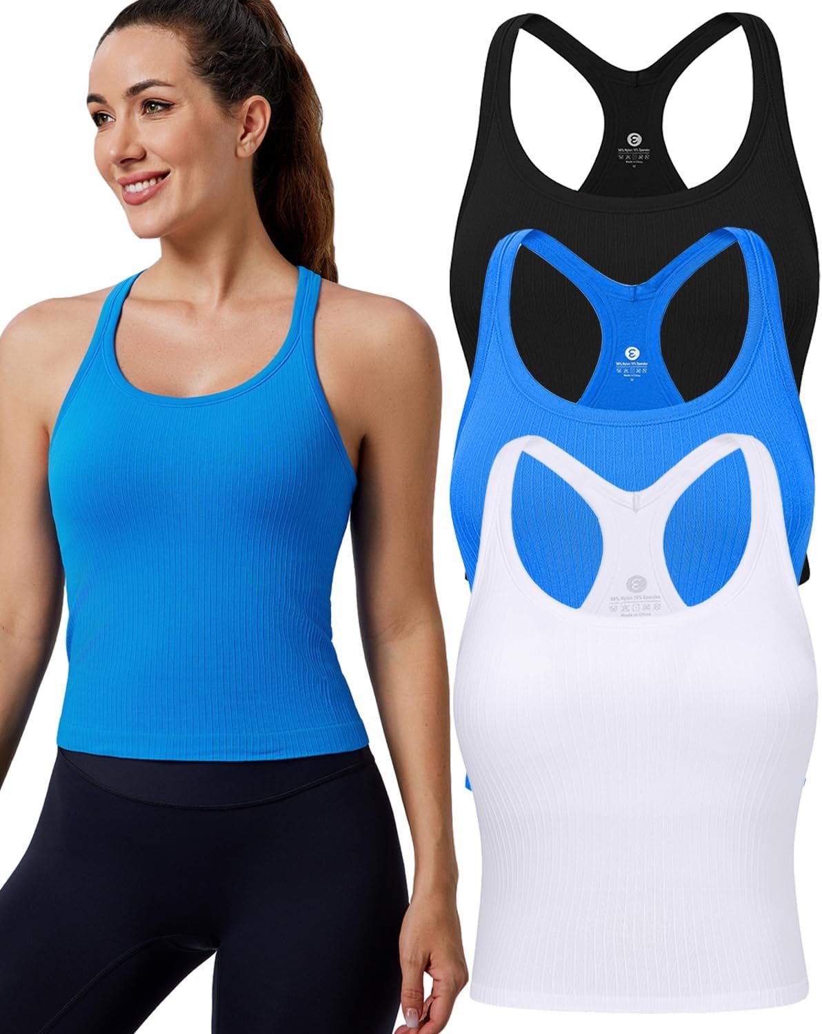 Evercute Women’s 1/2/3 Pack Ribbed Workout Tank Tops with Built in Bra Racerback Seamless Crop Tank Tops Camisole Sport Tanks