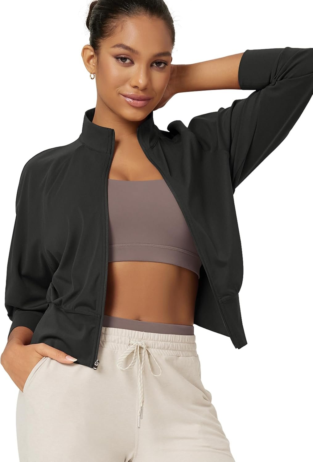 ODODOS Women’s Full Zip Workout Jacket Cloud Feeling Stand Collar Long Sleeve Lightweight Athletic Yoga Tops