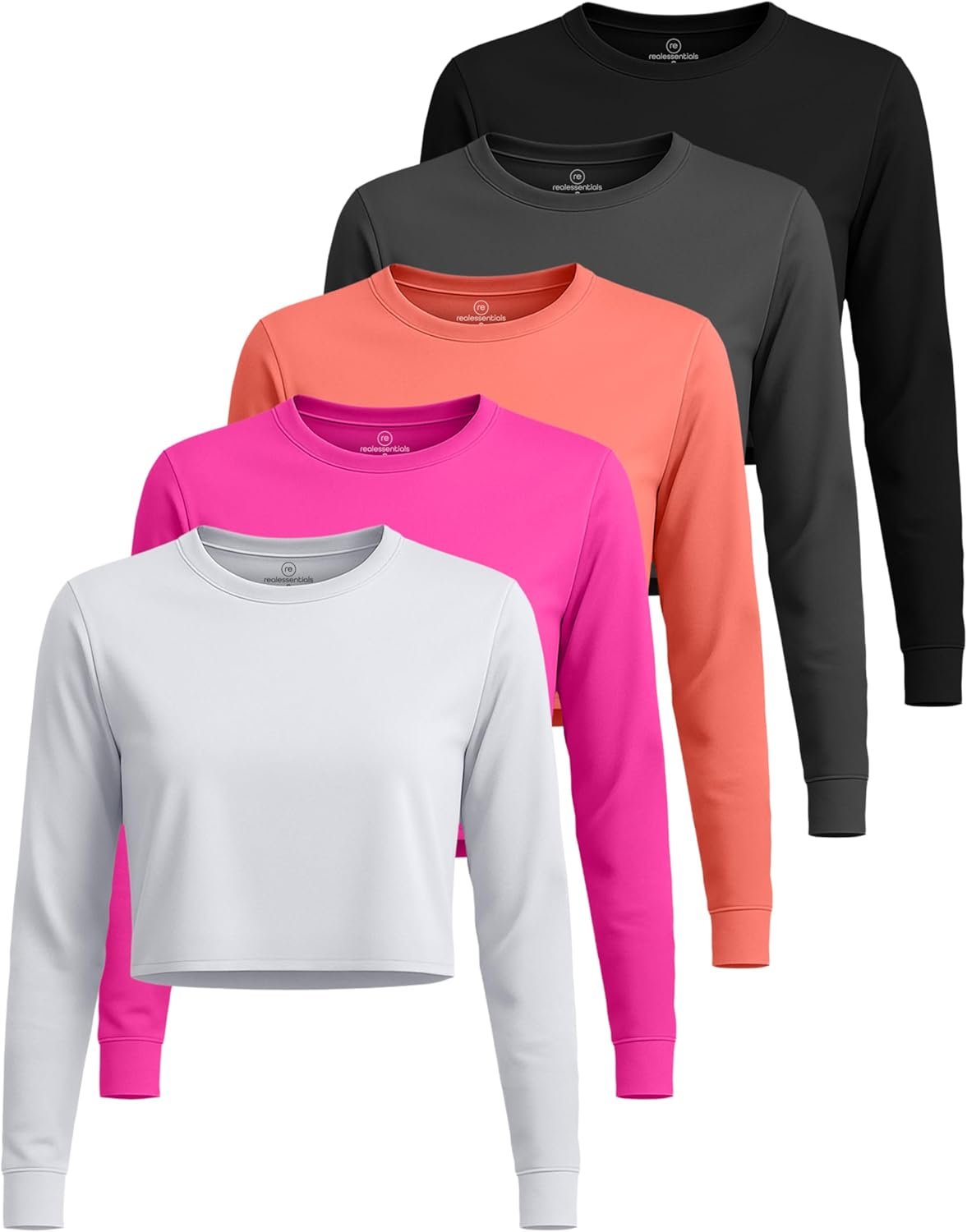 Real Essentials 5 Pack: Women’s Dry-Fit Long Sleeve Crop Top – Running Workout Gym Athletic Crew Neck Shirt (Plus Available)