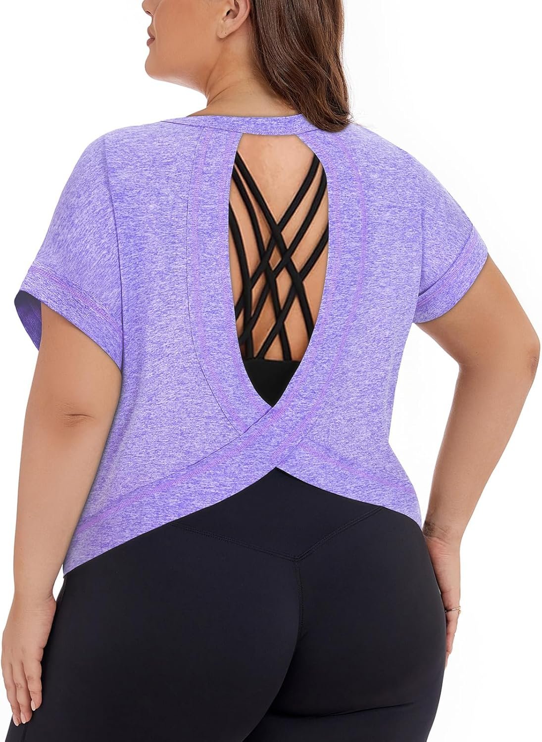 Koscacy Womens Plus Size Open Back Tops Short Sleeve Workout Shirts Casual Yoga Athletic Gym Running Tees