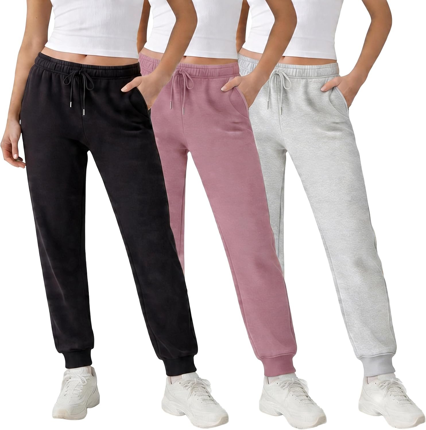 Common Stitch 3 Pack Fleece Joggers for Women — Deep Pockets, Slim Fit, Elastic Drawstring Waist