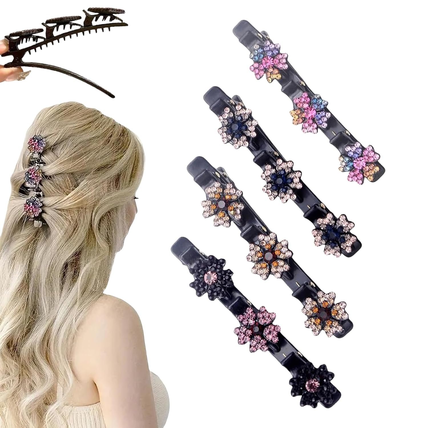Sparkling Crystal Stone Braided Hair Clips for Women and Girls, 2025 New Rhinestone Hair Clips Hair Braid Clips, Easily Braided Hair Bands, Shiny Rhinestone Hair Clip (Mix, 4PCS)