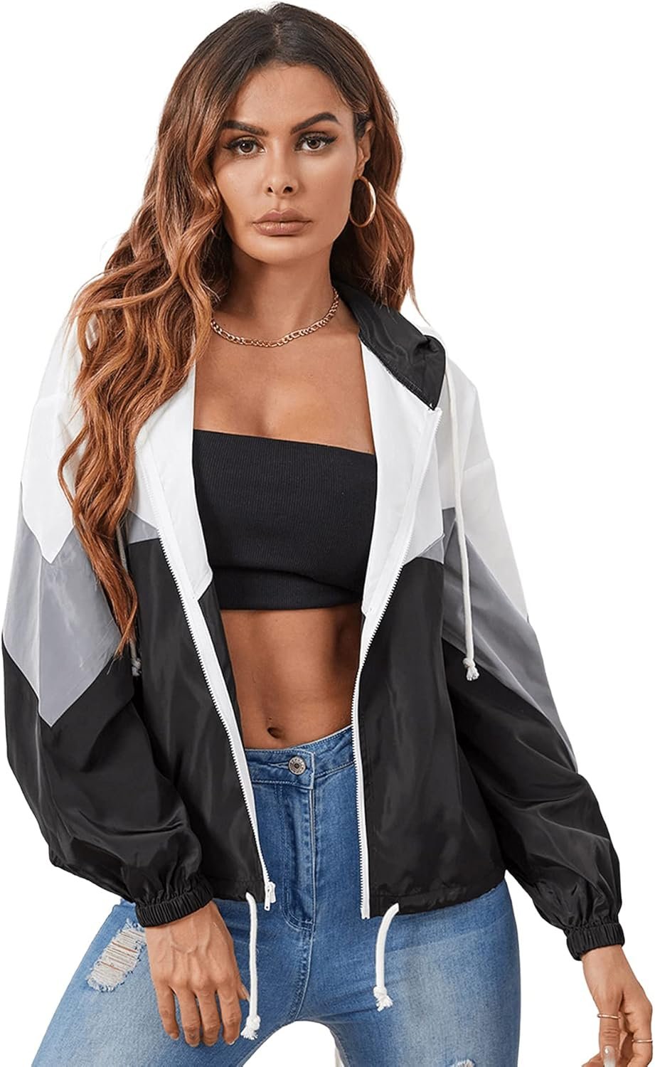 Floerns Women’s Color Block Hooded Casual Thin Windbreaker Jacket