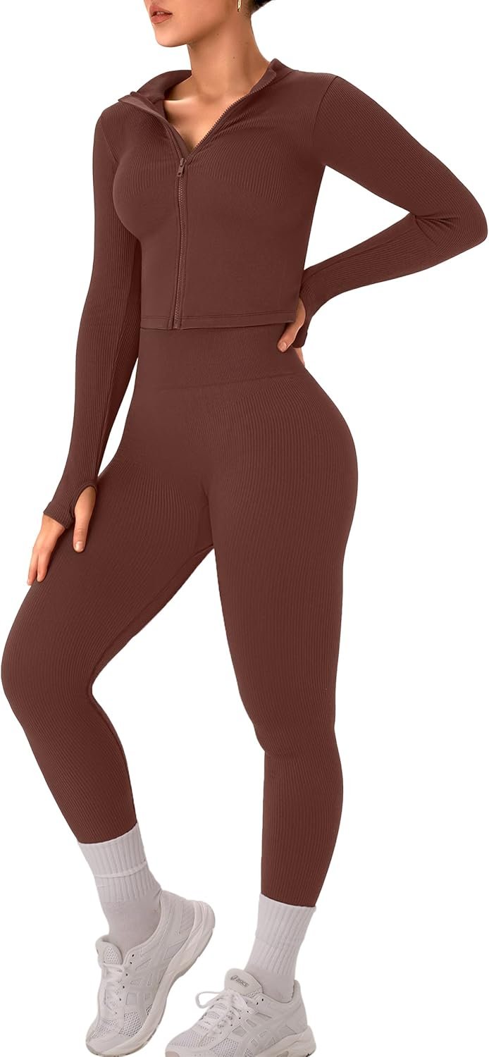 OLCHEE Womens Workout Sets 2 Piece Seamless Ribbed Long Sleeve Yoga Outfits High Waist Leggings Zipper Jacket Thumb Hole Gym