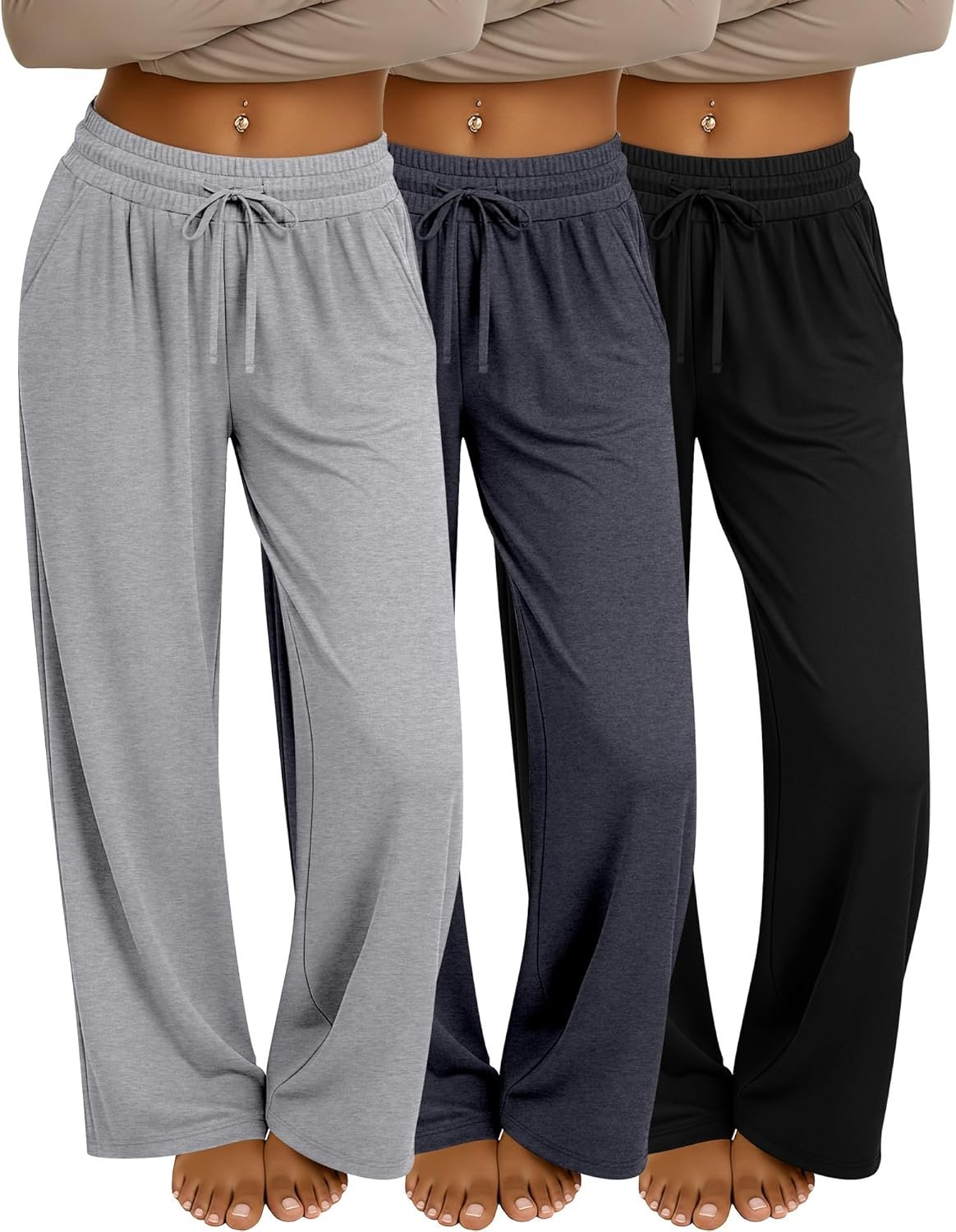 Neer 3 Pack Women’s Baggy Sweatpants with Pockets, Wide Leg Yoga Pants Cozy Thick Lounge Pants Drawstring Casual Loose Jogger