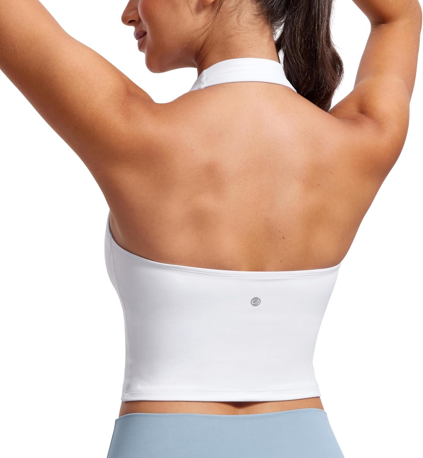 CRZ YOGA Butterluxe Halter Crop Tank Tops for Women – Open Back Padded Longline Sports Bras Workout Gym
