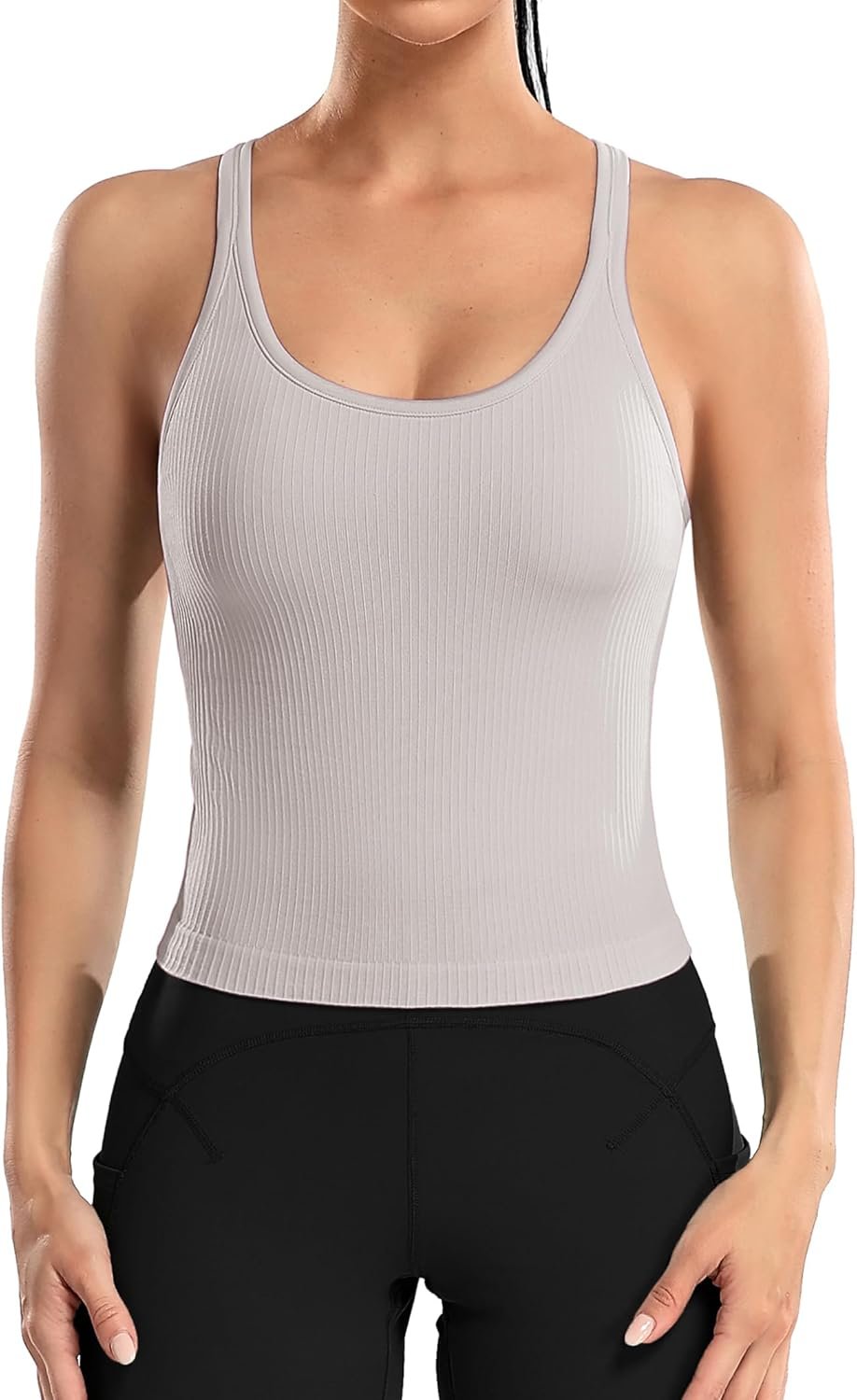 ATTRACO Women Ribbed Workout Crop Tops with Built in Bra Yoga Racerback Tank Top Tight Fit