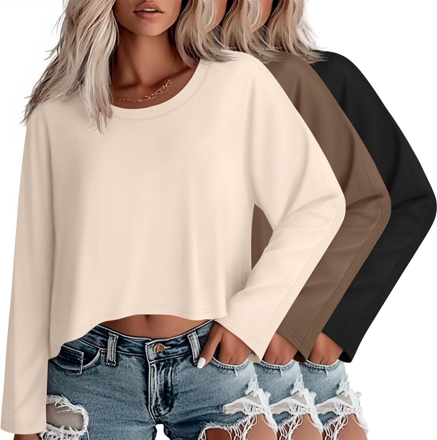 Huukeay 3 Pack Women’s Long Sleeve Oversized Crop Tops Crew Neck Irregular Hem Cropped Tshirts Loose Casual Gym Yoga Shirts