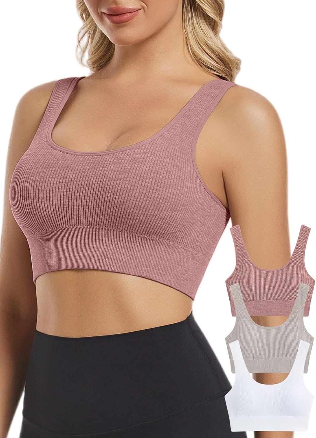 Chilylori Seamless Sports Bras for Women Pack of 3 Ribbed Sports Bra Workout Tops Cropped Tank Top Comfort Padded Yoga
