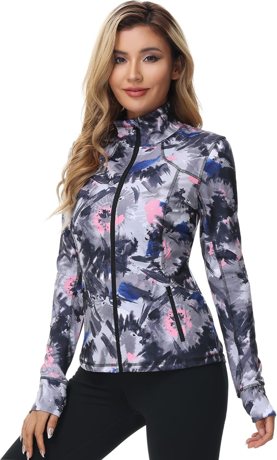 Dolcevida Women’s Zip Up Running Jacket – Lightweight 4-Way Stretch Full Zip Workout Jacket with Thumb Holes & Pockets