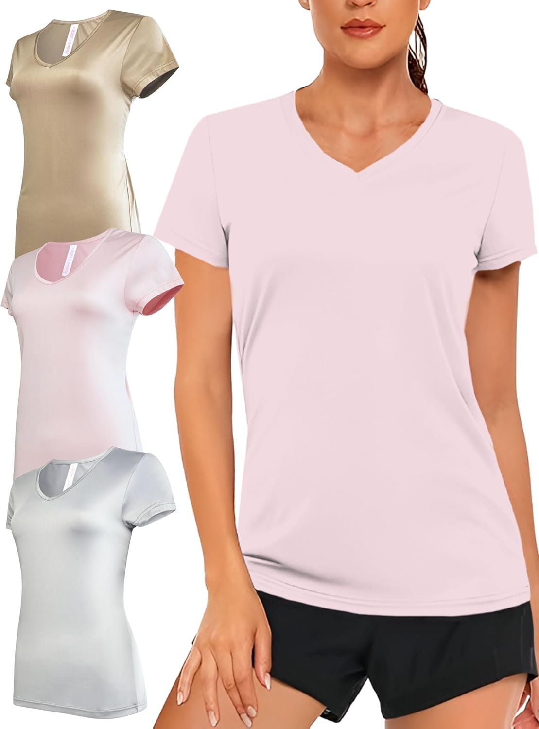 Women’s V-Neck Activewear T-Shirts 3 Pack Athletic Womens Short Sleeve Workout Tops Dry Fit Shirt Gym & Yoga Tees for Women