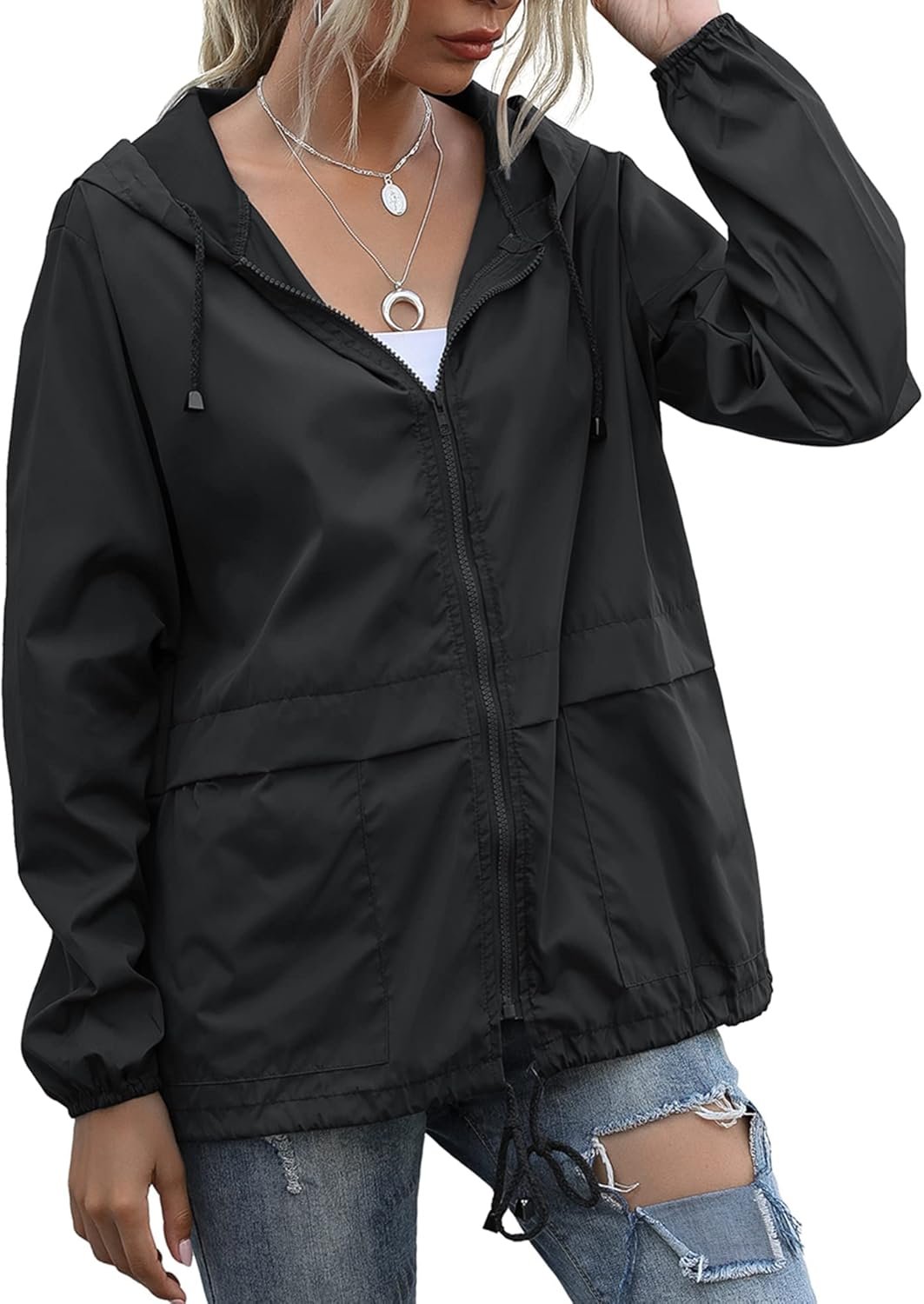 Women’s Raincoats Lightweight Waterproof Windproof Adjustable Windbreaker Rain Jackets Hooded with Pockets S-XXL