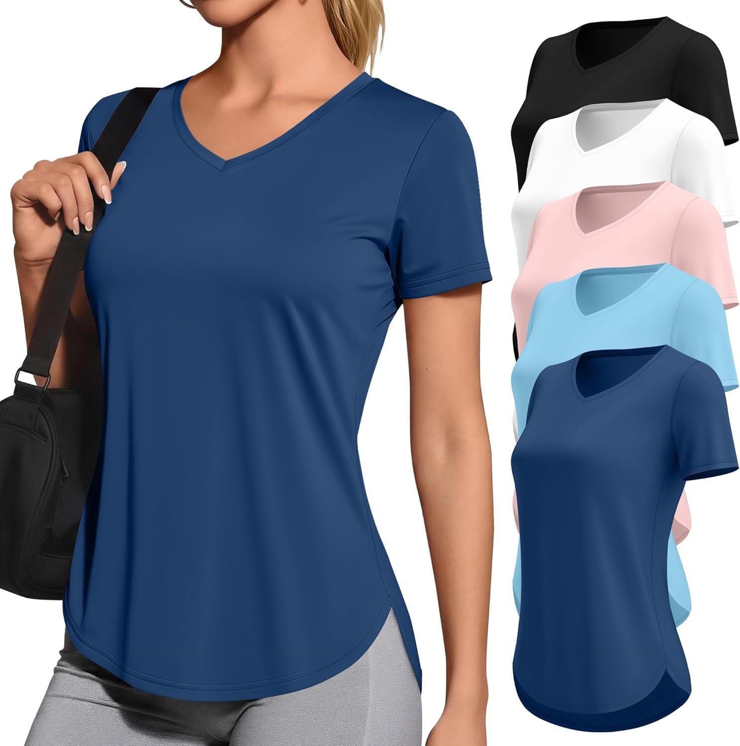 Locoowai 5 Pack Women’s Workout Shirts V Neck Quick Dry Tops UPF 50+ Short Sleeve UV Gym Basic Tee Side Slits Curved Hem