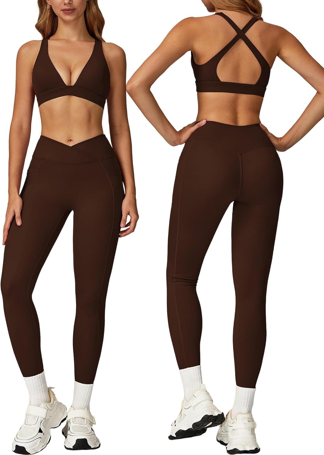 ABOCIW Womens Two Piece Workout Sets Deep V Neck Sports Bra Crossover Leggings with Pockets Gym Yoga Pilates Outfits