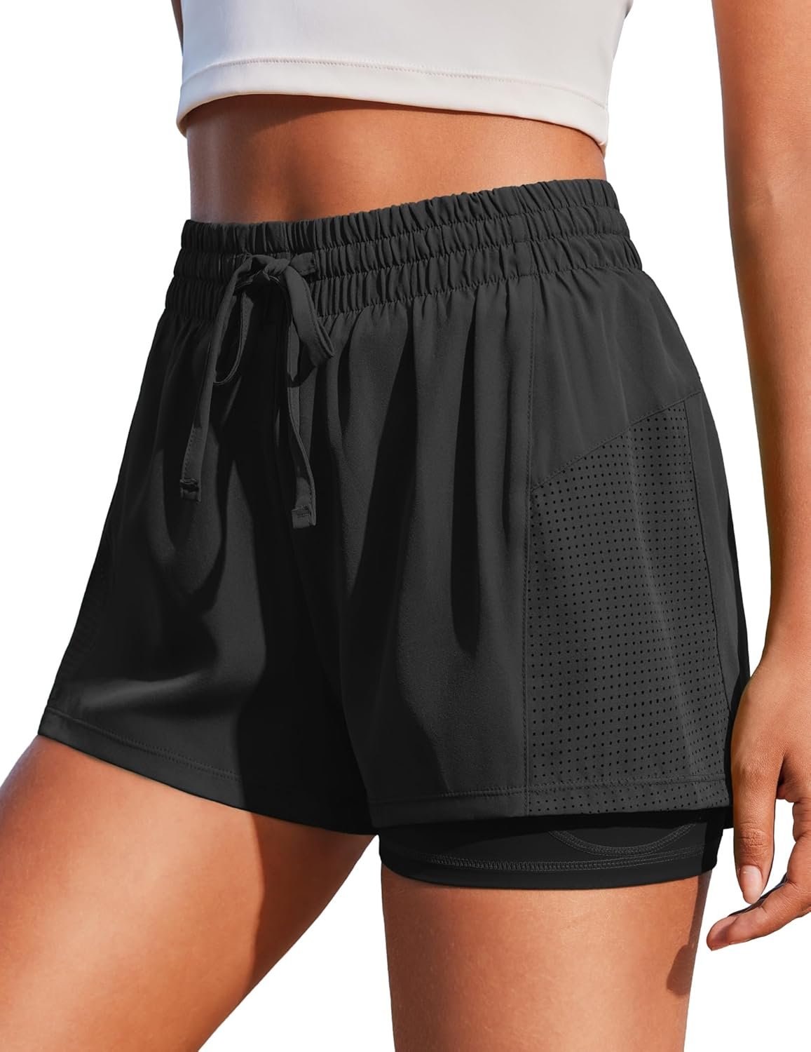 PINSPARK Women’s 2 in 1 Running Shorts with Liner Pockets Quick Dry Athletic Workout Gym Shorts