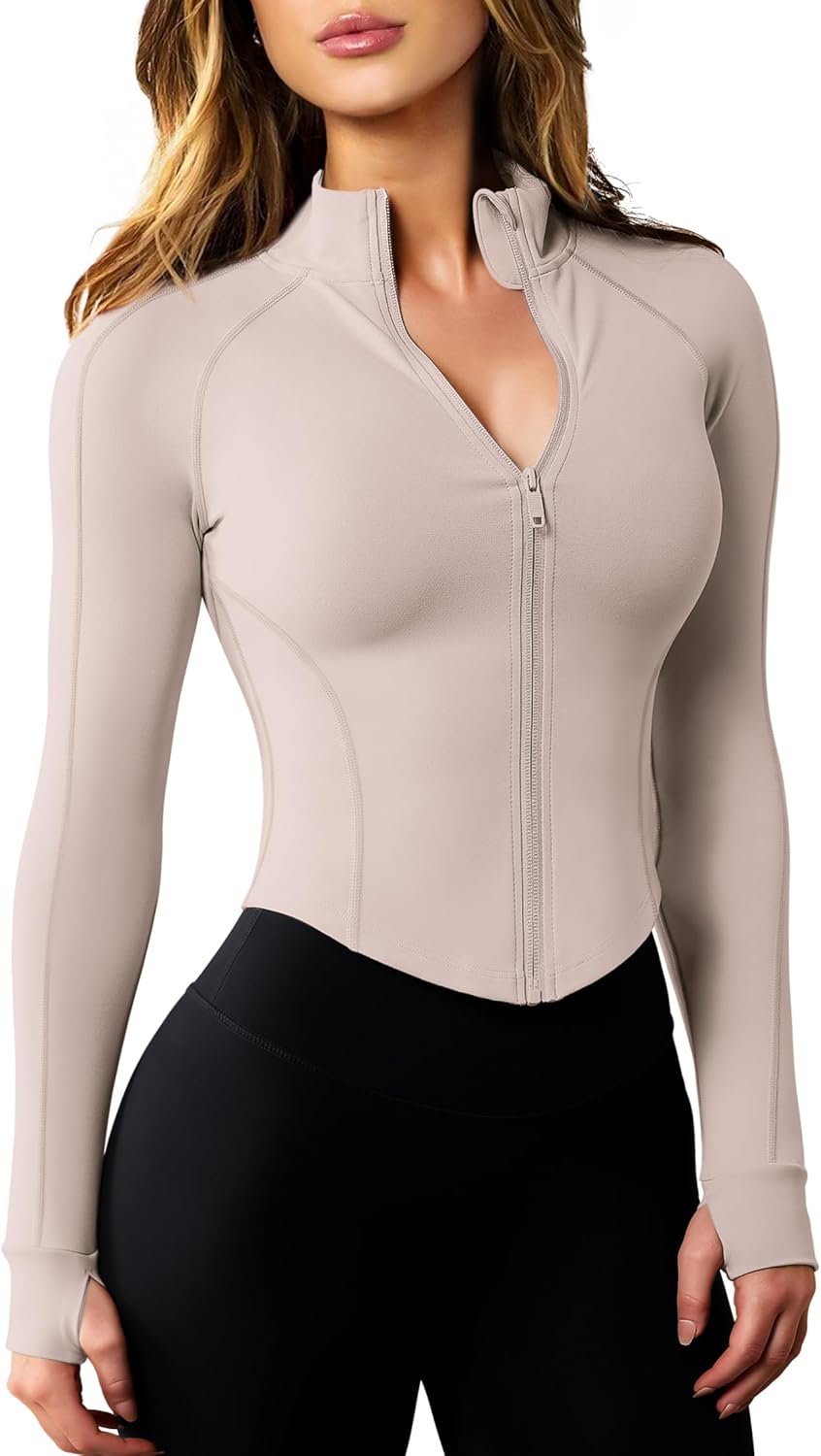 AVGO Women’s Workout Jacket Lightweight Zip Up Cropped Yoga Jackets Slim Fit Athletic Tops with Thumb Holes